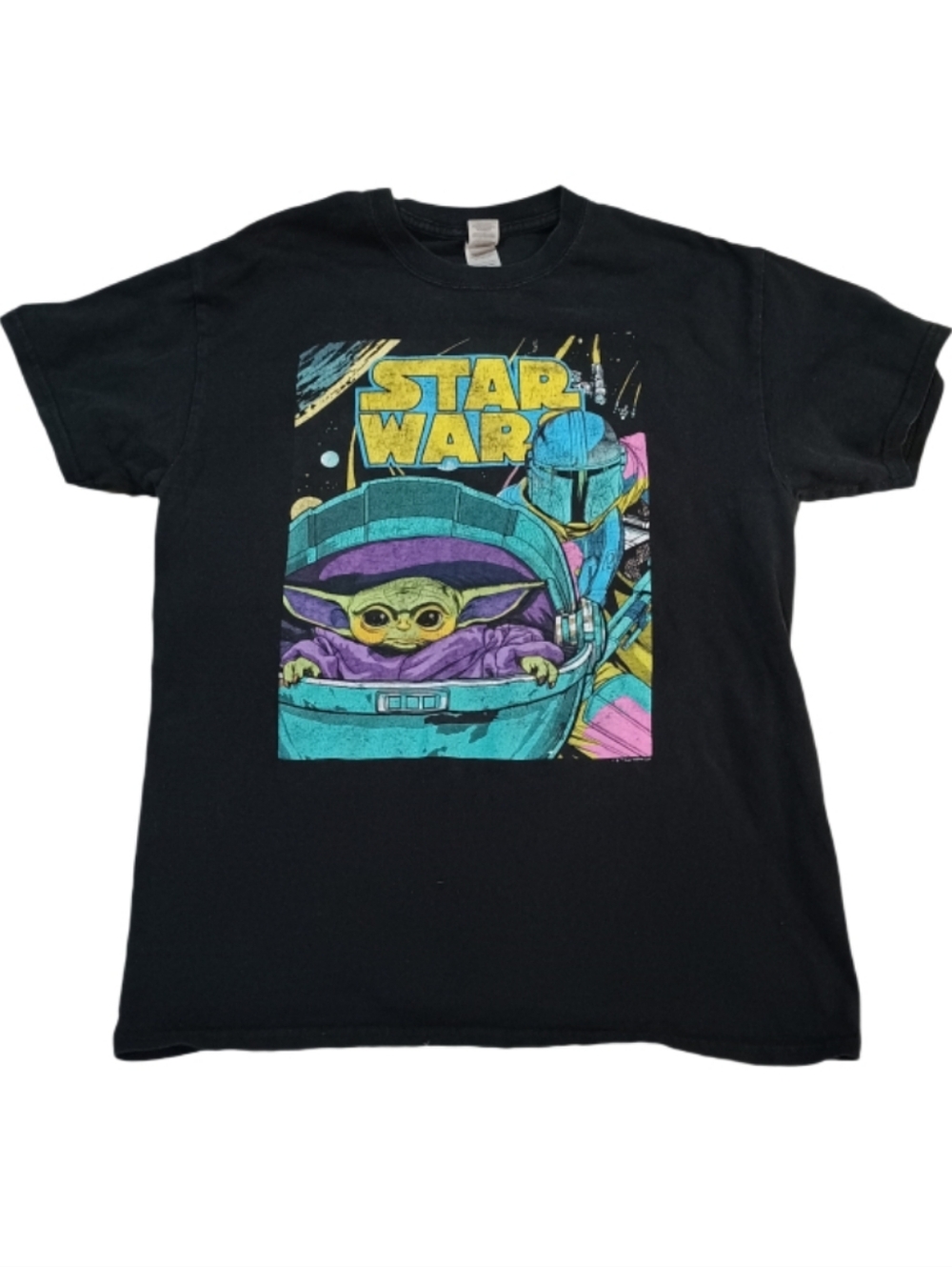 Star Wars Black Tee with Teal, Yellow and Purple Grogu Graphic